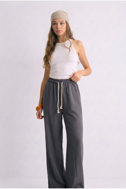Women's Smoked Linen Look Palazzo High Waist Lace-Up Comfortable Fit Trousers
