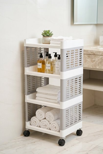 4 Katlı Tekerlekli Çok Amaçlı Plastik Organizer Raf Mutfak Banyo Düzenleyici Raf Gri
