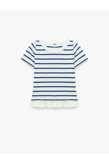 Cotton Crew Neck Short Sleeve Striped T-Shirt with Ruffle Detail