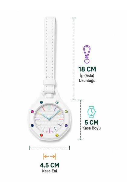 Royal Pop White Colorful Detailed Hanging Pocket Watch Nurse Watch Bag and Pants Accessory Keychain Unisex Octagonal Watch