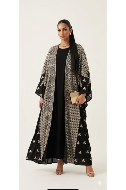 2 pieces Linen Abaya Kuwaiti bisht, inspired by gold filigree patterns.