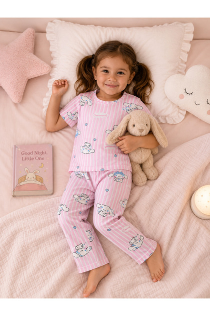 %100 Pamuklu Cinnamoroll Baskılı 2'li Kız Çocuk Pijama Takımı