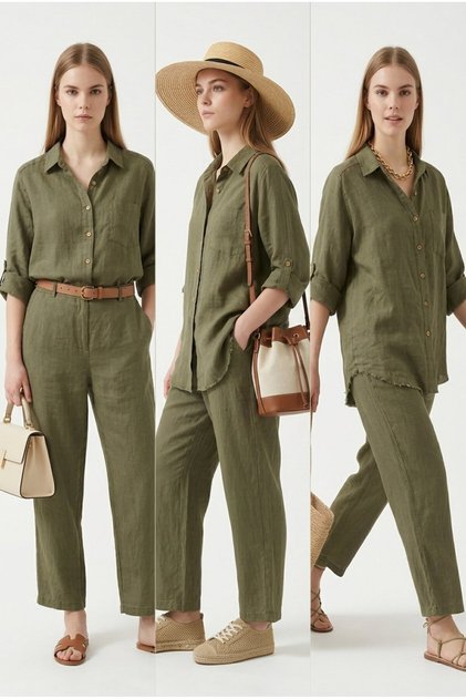 Women's Linen Two-Piece Set - Embroidered Sleeve Shirt and Comfortable Pants Set