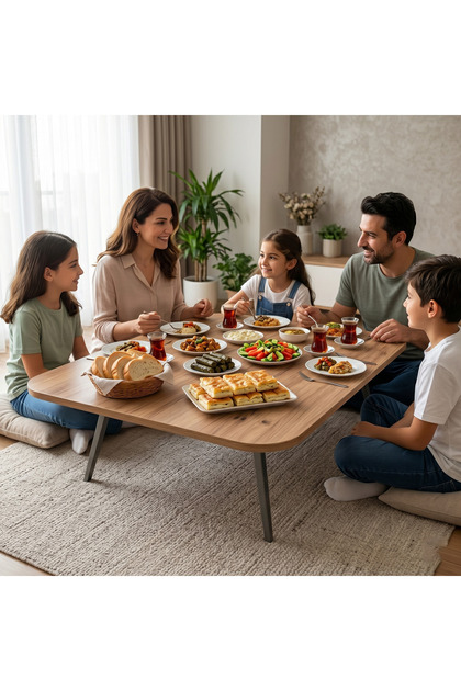 119 cm x 69 cm Ahşap Renk Oval Kenarlı Katlanabilir Yer Sofrası ve Yemek Masası – Metal Ayaklı 6 Kişilik Masa