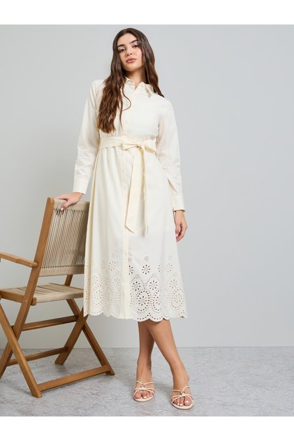 Off White Schiffli Shirt Midi Dress with Tie-Up Belt