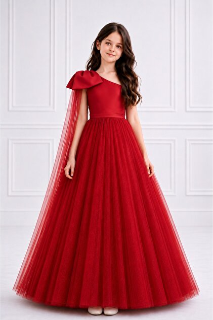 Girl's Red One-Shoulder Bow Detailed Puffy Tulle Princess Dress