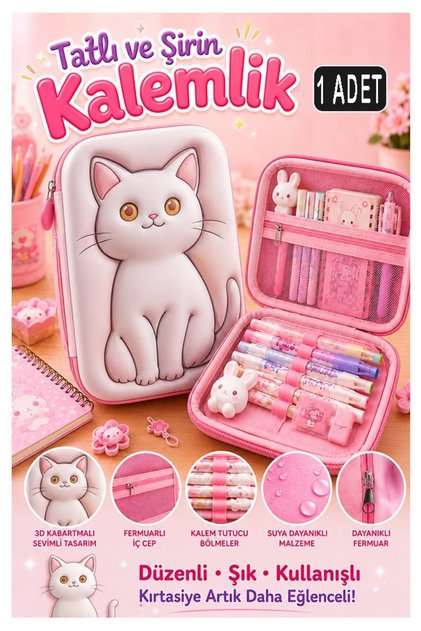 Pembe Kabartmalı Bölmeli Kalemlik 1 Adet P-5984 Kız Çocuk Okul Kalem Kutusu 3 Boyutlu Fermuarlı Hedi