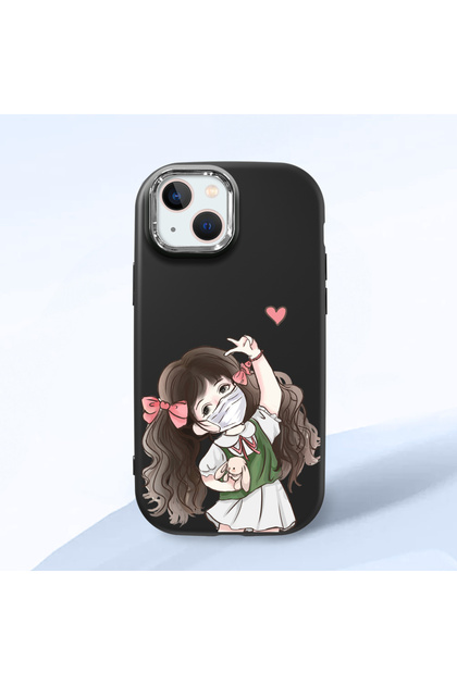 iPhone 15 Plus Compatible Case Camera Protector Black Silicone Couple Phone Case Girl Patterned