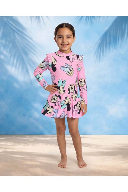 Girls Pink Minnie Allover Print Swimming Suit Dress Set