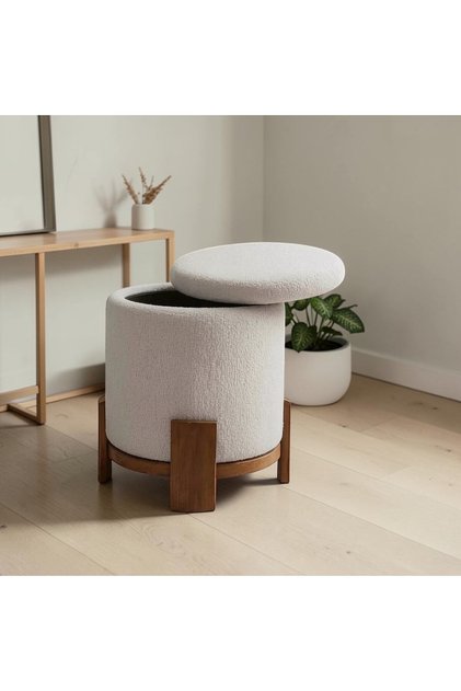 Modern Teddy Kumaş Sandıklı Puf | Ahşap Ayaklı Depolama Alanlı Oturma Pufu | Krem Boucle Puf