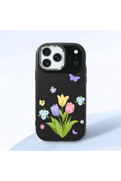 iPhone 17/18 Pro Max Compatible Case with Camera Protection Black Silicone Couple Phone Case with Floral Pattern
