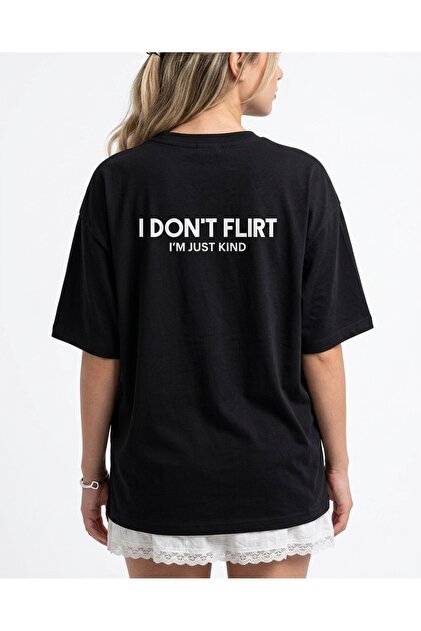 HepsitrentStore I'Dont Flirt Printed Black Oversize T-Shirt- Trendyol
