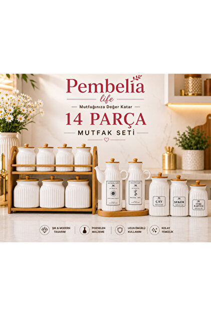 Porselen Baharatlık Ve Yağlık Seti Bambu Standlı 14 Parça Mutfak Seti Standlı Yağdanlık Set 3’lü Kavanoz Set Standlı Baharatlık Set Çeyizlik Takım