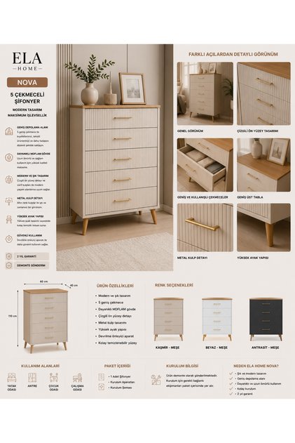 ELA HOME NOVA 5 Çekmeceli Şifonyer MDFLAM Modern Yatak Odası Şifonyeri
