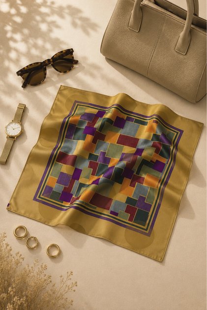 Defne Apollon Mozaik 100% Silk Handkerchief 33 X 33 cm – Mustard