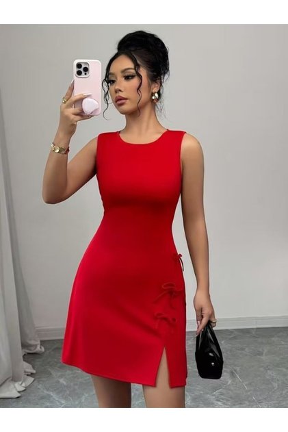 Women's Strappy Round Neck Slit Dress with Bow Detail Atlas Short Dress