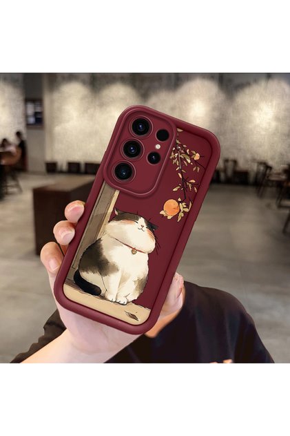 Samsung Galaxy S23 Ultra Uyumlu Darbeye Dayanıklı Kamera Korumalı Bordo Silikon Baskı Desenli Kılıf