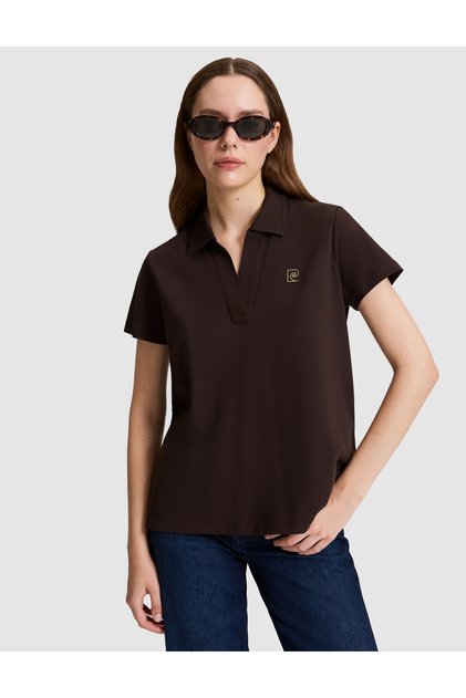 Brown A-Line Comfort Polo Collar Basic T-Shirt 50325465-Vr029