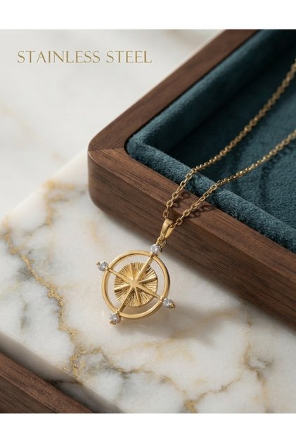 316L Steel Gold Color Chain Zircon Stone Compass Model Necklace