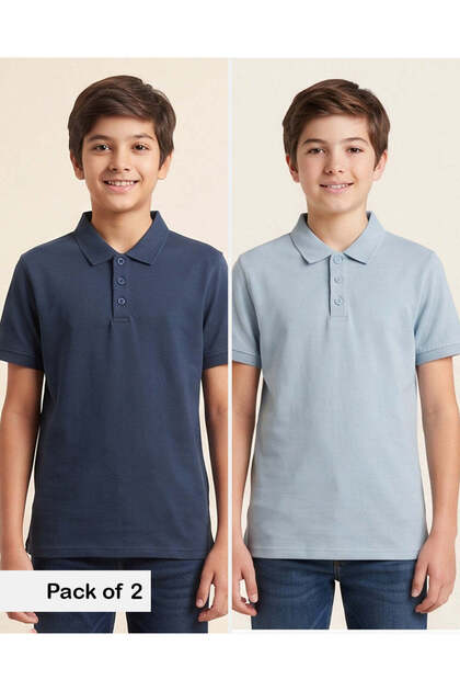 Senior Boys Sky Blue And Navy Polo T-Shirt Set (Pack Of 2)