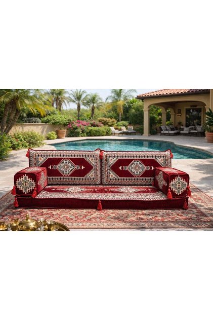 Arabic Majlis Floor Sofa, Red, Bohemian Style, Embroidered Geometric Pattern with Tassels