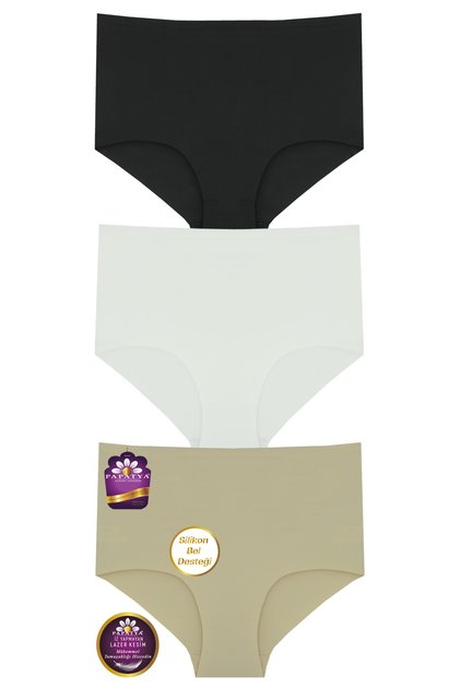 Laser Cut High Waist Semi-Reductive Effective Silky Fabric Non-Marking Silicone Waist Panties 3-Pack W-2882-3 Rr14/3