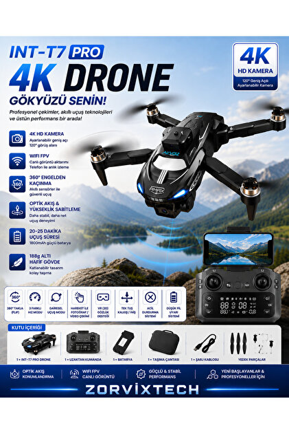 ZorvixTech INT-T7 PRO 4K HD Kameralı Katlanabilir Drone WiFi FPV