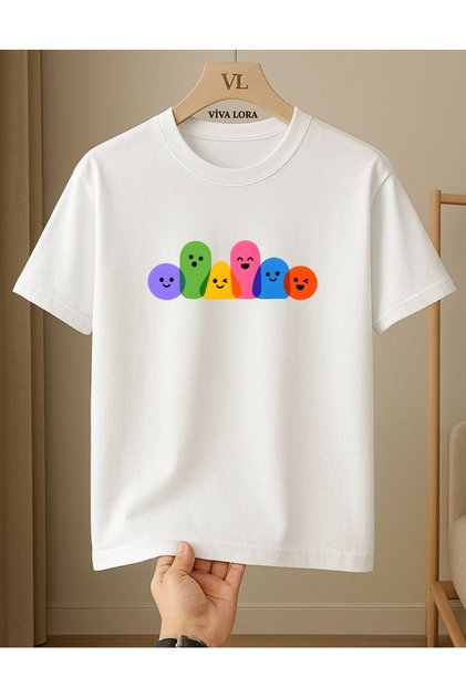 Colorful Smiling Faces Printed 100% Cotton Crewneck Regular Women's White T-Shirt