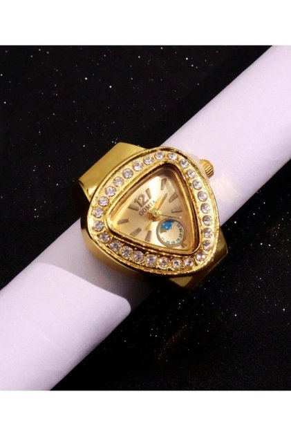 Luxury Pink Gold Triangle Finger Ring Watch | Crystal-Embellished Diamond Ring Watch with Moon Phase Display for Women