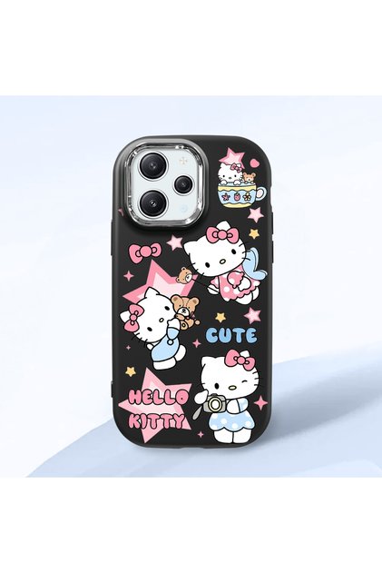 Redmi 12 Compatible Case Camera Protector Black Silicone Couple Phone Case with Kitty Pattern