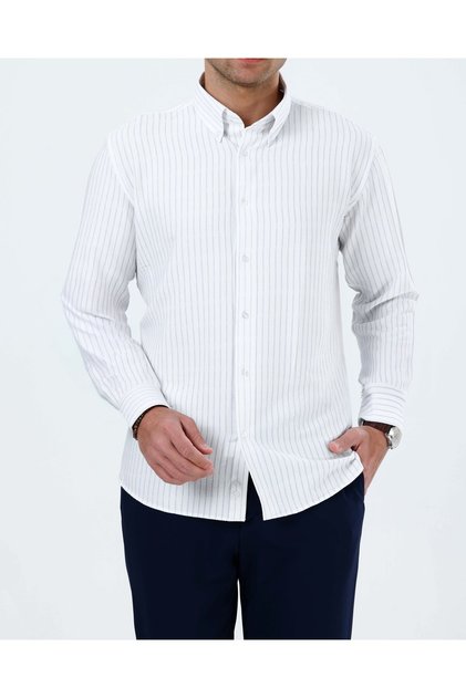 Slim Fit Safari Button-Down Collar Striped Seersucker Lycra Men's Shirt Blue T20132-19