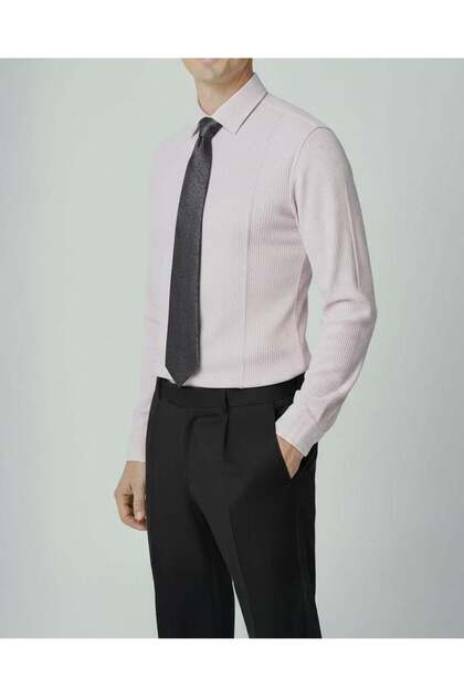 Italian Style Slim Fit Lycra Striped Tie Collar Men's Shirt Lilac T11927