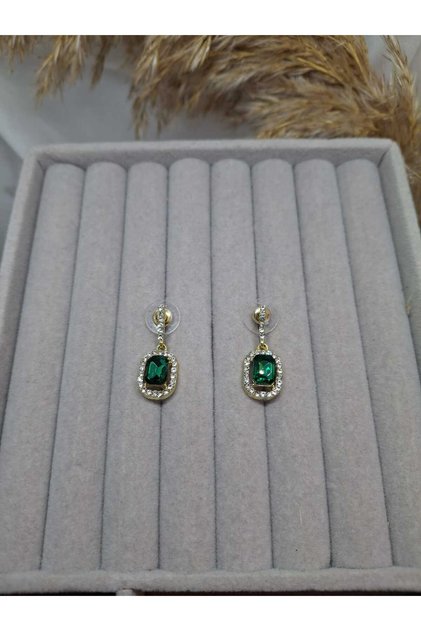 Stylish Women's Earrings with Emerald Green Stones in Gold Frame