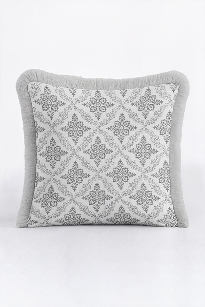 Floral Damask Patterned Elegant Fringed Pillowcase-Chic Floral Modern Cream Gray Tassel Throw Pillow Cover