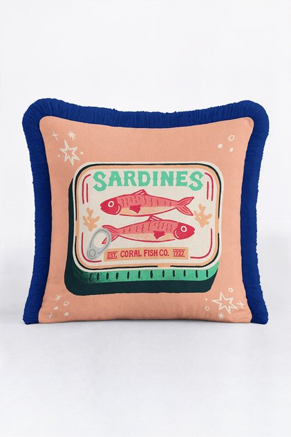 Retro Canned Sardines Fringed Pillowcase - Pop Art Marine Salmon Navy Blue Tassel Throw Pillow Cover