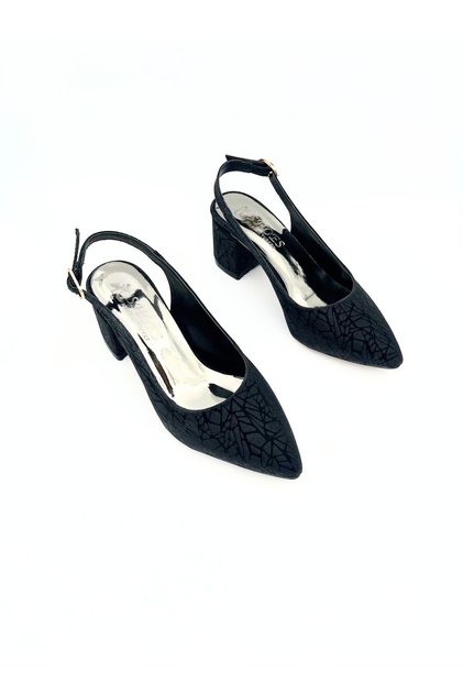 Black Foil Printed Pointed Toe Ankle Strap Open Back Thick Heeled Women's Stiletto Shoes Vdz02022