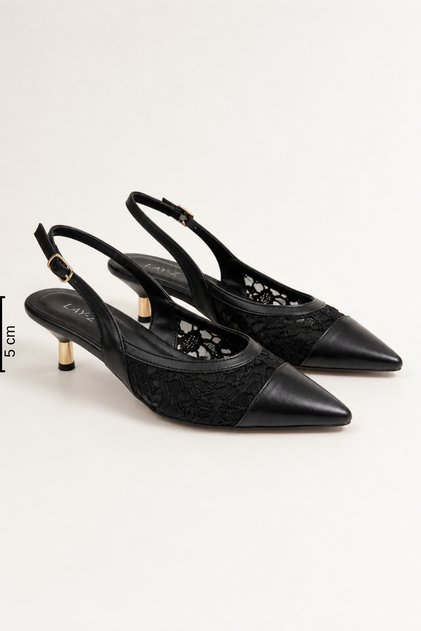 Women's Heeled Black Lace Full-Fit Evening Dress Shoes