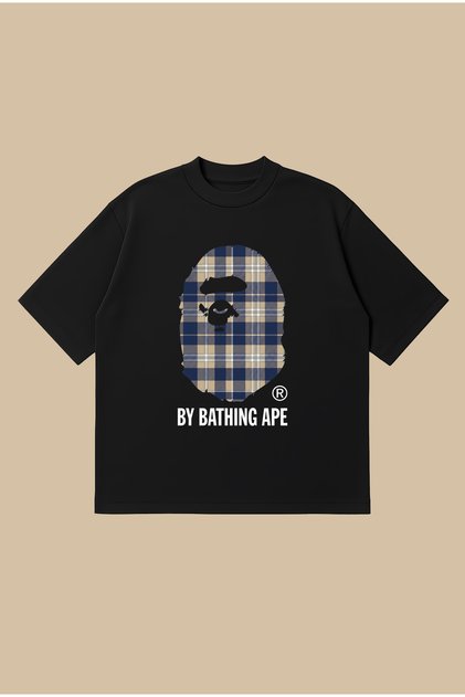Mavi Ekose Bape Baskılı Oversize Boxy Kesim Unisex %100 Pamuklu Tshirt | Streetwear