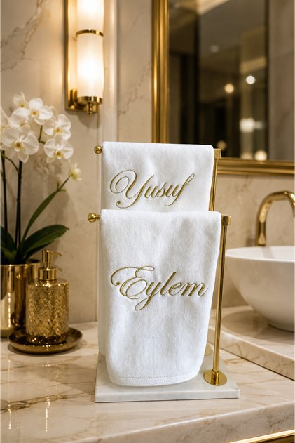 2’li Kadife 30x50 Dekoratif El Havlusu | Kişiye Özel İsim Nakışlı Beyaz Banyo Havlusu | Gold İşlemeli Lüks Misafir Havlusu