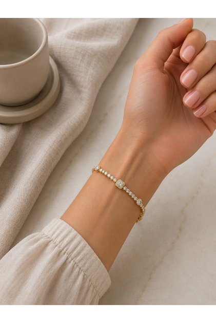Women's Gold Color Square and Round Zircon Stone Tennis Bracelet – 316L Stainless Steel