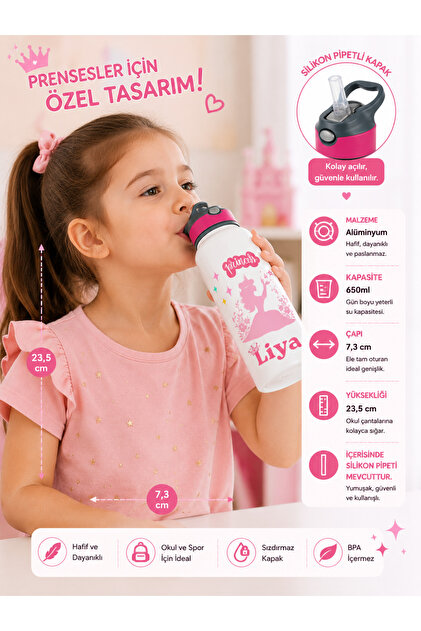 Kişiye Özel Prenses Silüetli İsim Baskılı Çocuk Suluk 650 ml - Alüminyum Pipetli Su Matarası - BPA İçermez - Okul Spor Günlük Kullanım