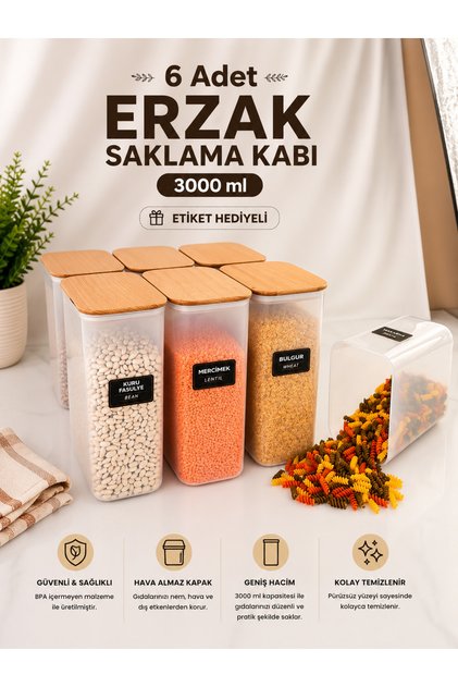 Set of 6 3 Lt Food Storage Containers with Wooden Lids and Labels – Airtight Multi-Purpose Kitchen Organizer Set