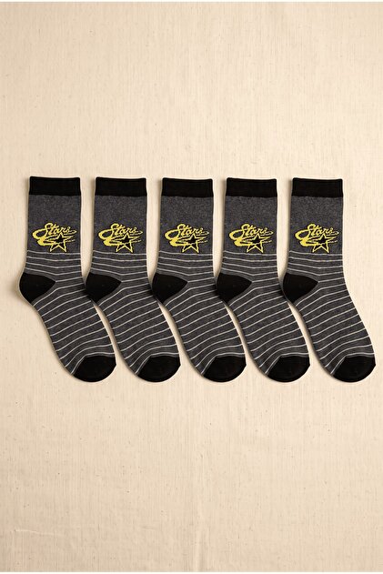 Boy's 9-10 Years Old Striped Figured Black Gray 5-Piece Sock Set