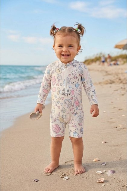 Baby Girl Long Sleeve One-Piece Swimsuit White Patterned