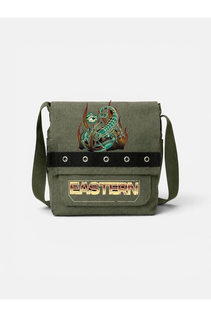 Khaki Eastern Printed Round Eyelet Messenger Bag