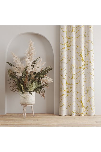 Gold Marble Patterned White Background Curtain – Modern and Stylish Decorative Design (140X270)