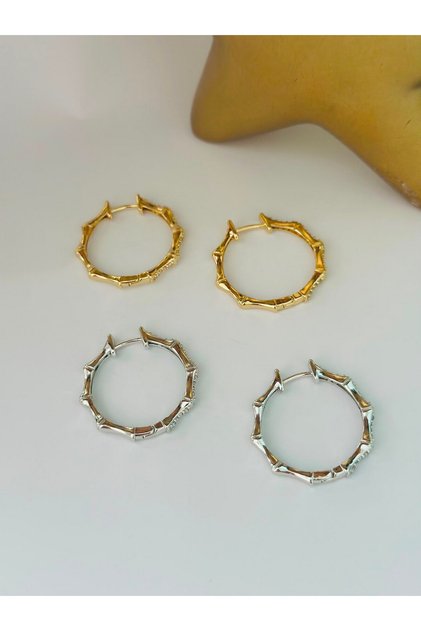 Zircon Stone Bone Steel Hoop Earrings Gold