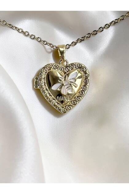 Women's Steel Gold Heart White Bee Figured Openable Photo Medallion Necklace