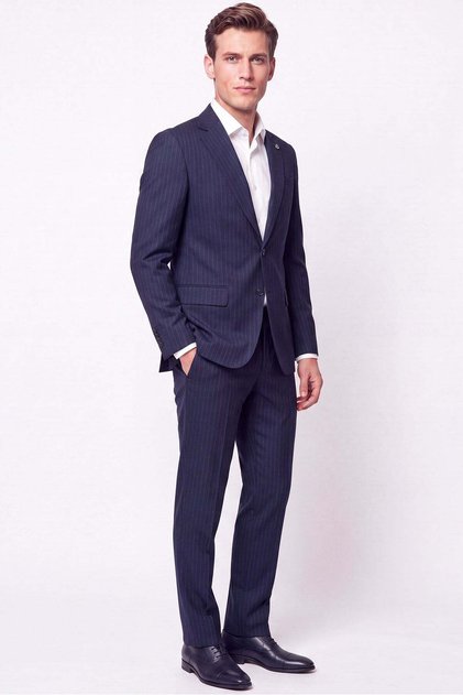 Slim Fit Mono Collar Flexible Wool Navy Blue Striped Suit Tk 942