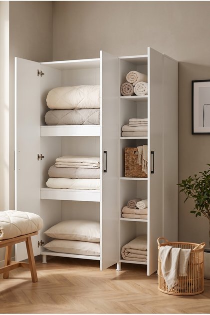 Yüklük Dolabı 3 Kapaklı Raflı Yorgan Nevresim Havlu Saklama Yatak Odası Dolabı Beyaz 128 Cm